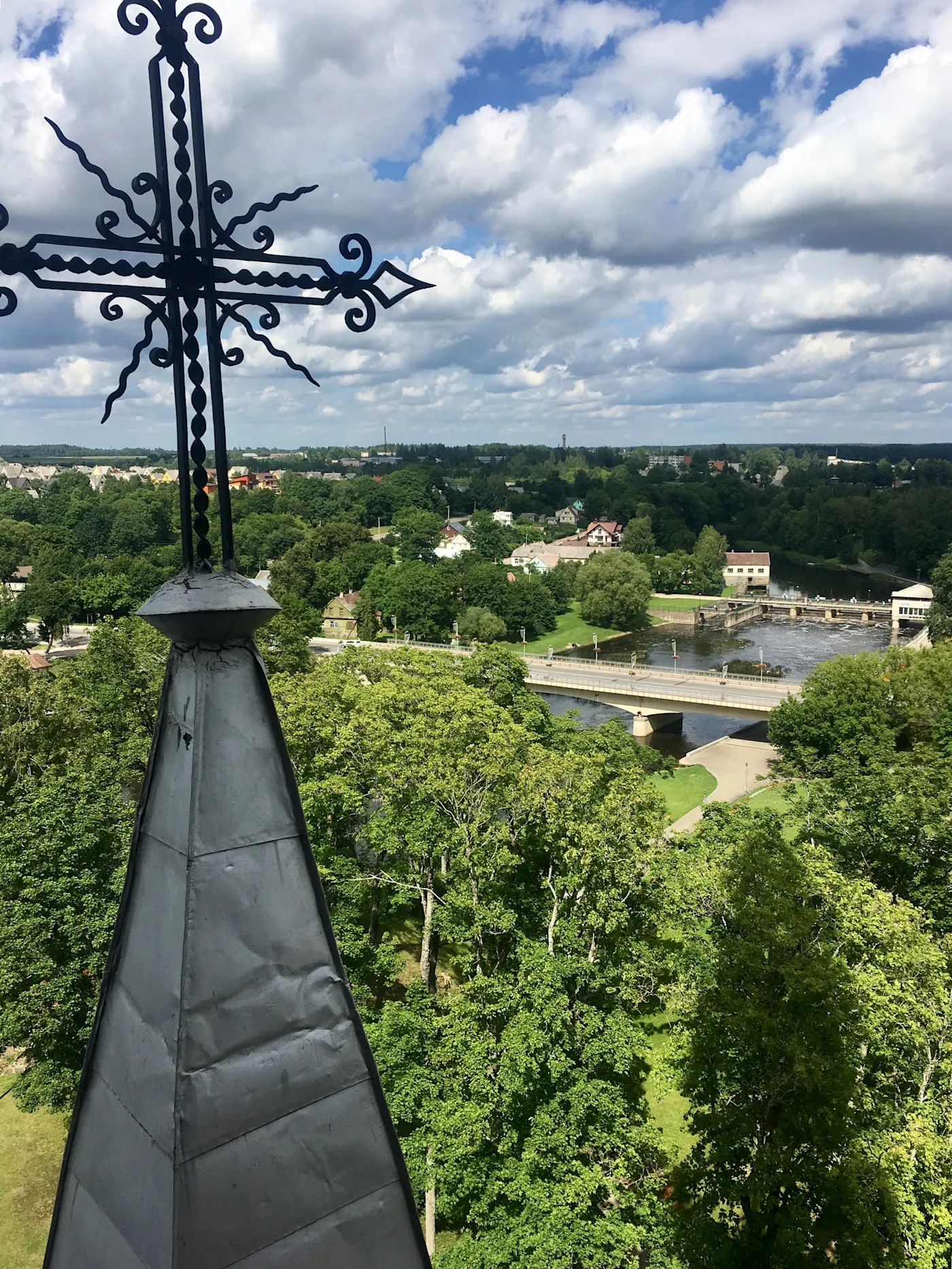 View from a church steeple over the river and bridge in Anykščiai