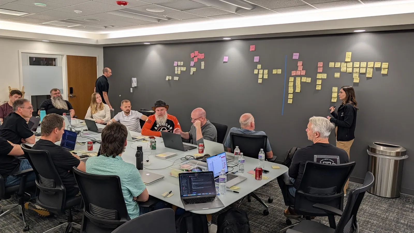 A planning session in front of a wall covered in sticky notes